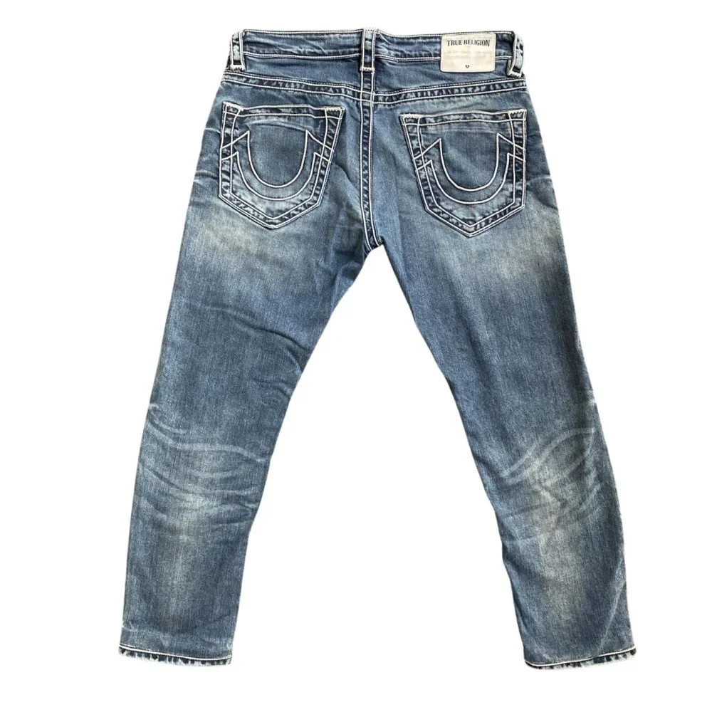 True Religion 28 Mid Rise Slim Cropped Light Wash Blue Jeans T Stitch y2k 29 - Picture 2 of 14